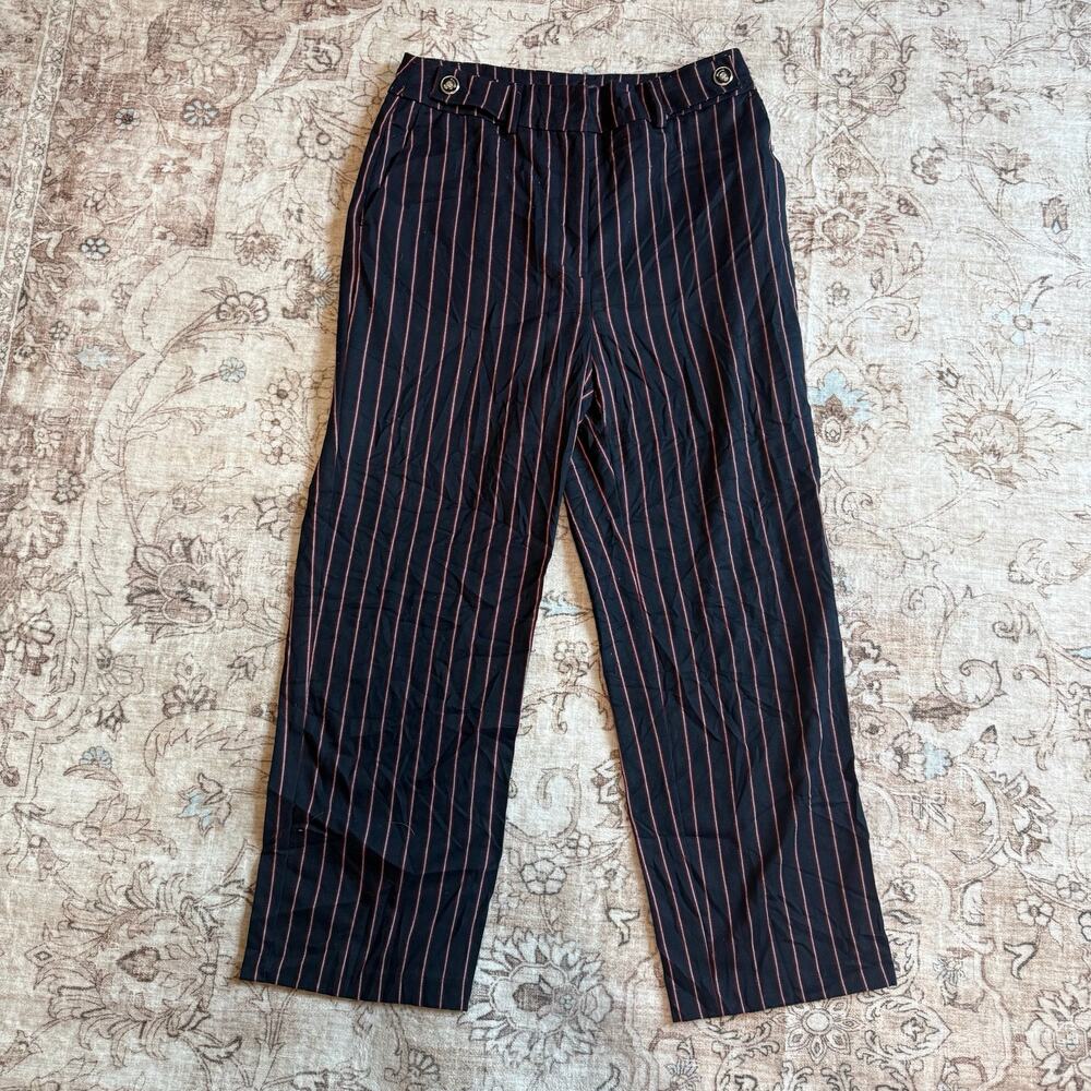 Zara Navy Blue Red Pinstripe Cropped Wide Leg Trousers Pants Womens Medium